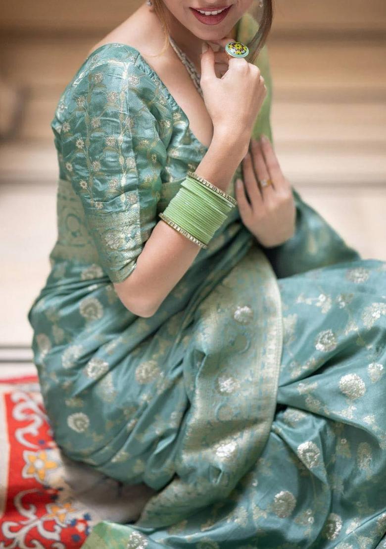 Sea Green Zari Weaving Silk Saree Set - Indya