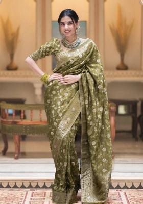 Olive Zari Weaving Silk Saree Set