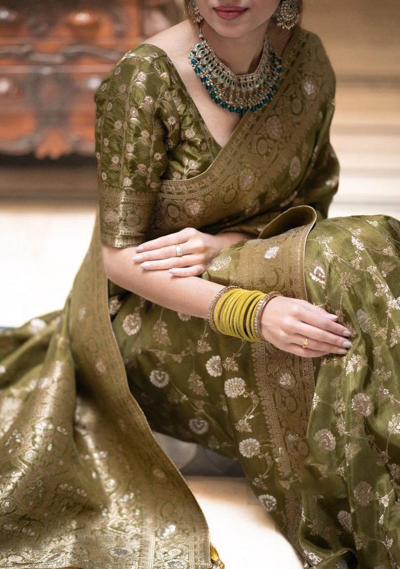 Olive Zari Weaving Silk Saree Set - Indya