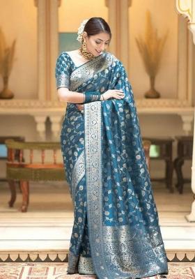 Blue Zari Weaving Silk Saree Set