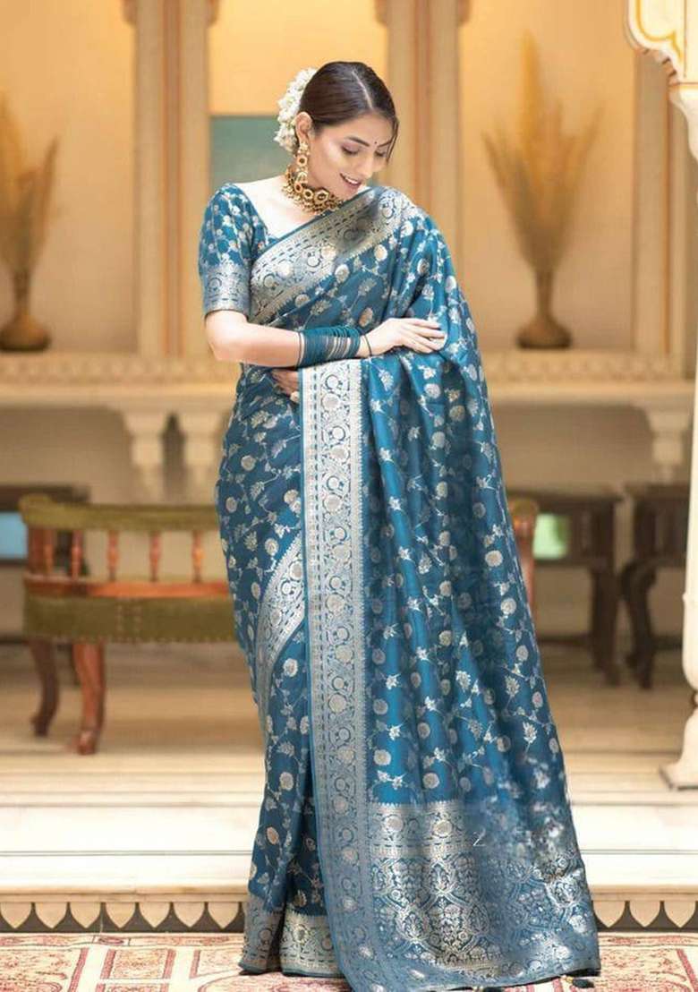 Blue Zari Weaving Silk Saree Set for Diwali | Wedding & Festive Wear - Indya