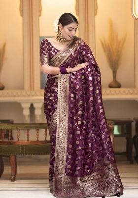 Wine Zari Weaving Silk Saree Set