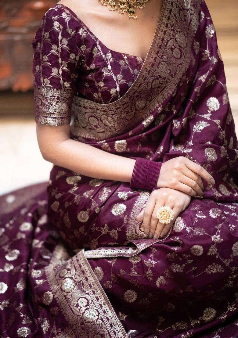 Wine Zari Weaving Silk Saree Set - Indya