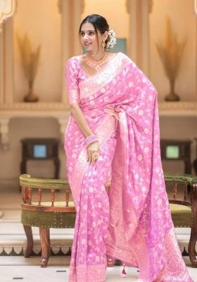 Pink Zari Weaving Silk Saree Set