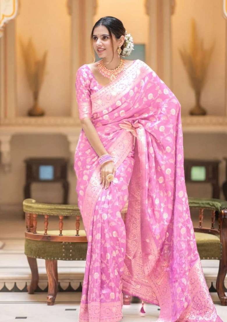 Pink Zari Weaving Silk Saree Set for Diwali and Festive Wear - Indya