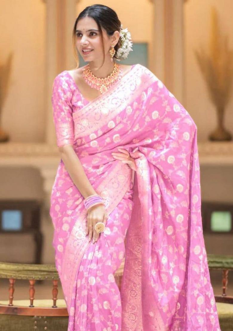 Pink Zari Weaving Silk Saree Set - Indya