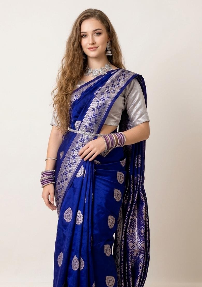Blue Zari Weaving Silk Saree Set - Indya