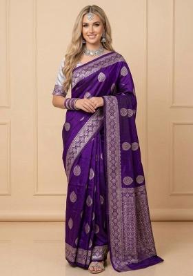 Purple Zari Weaving Silk Saree Set