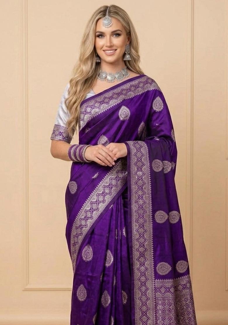 Purple Zari Weaving Silk Saree Set - Indya
