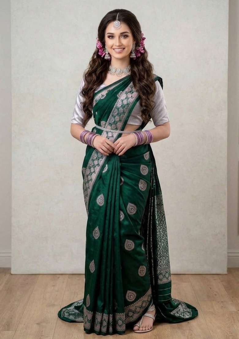 Green Zari Weaving Silk Saree Set for Diwali and Festive Wear - Indya