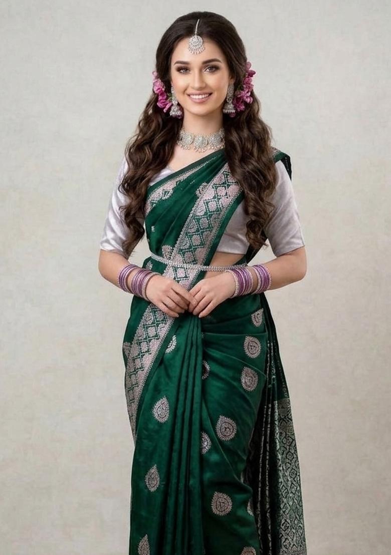 Green Zari Weaving Silk Saree Set - Indya