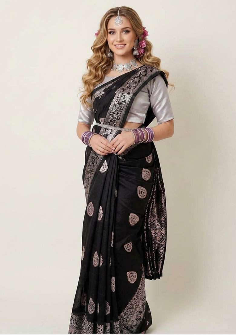 Black Zari Weaving Silk Saree Set for Diwali | Wedding & Festive Wear - Indya