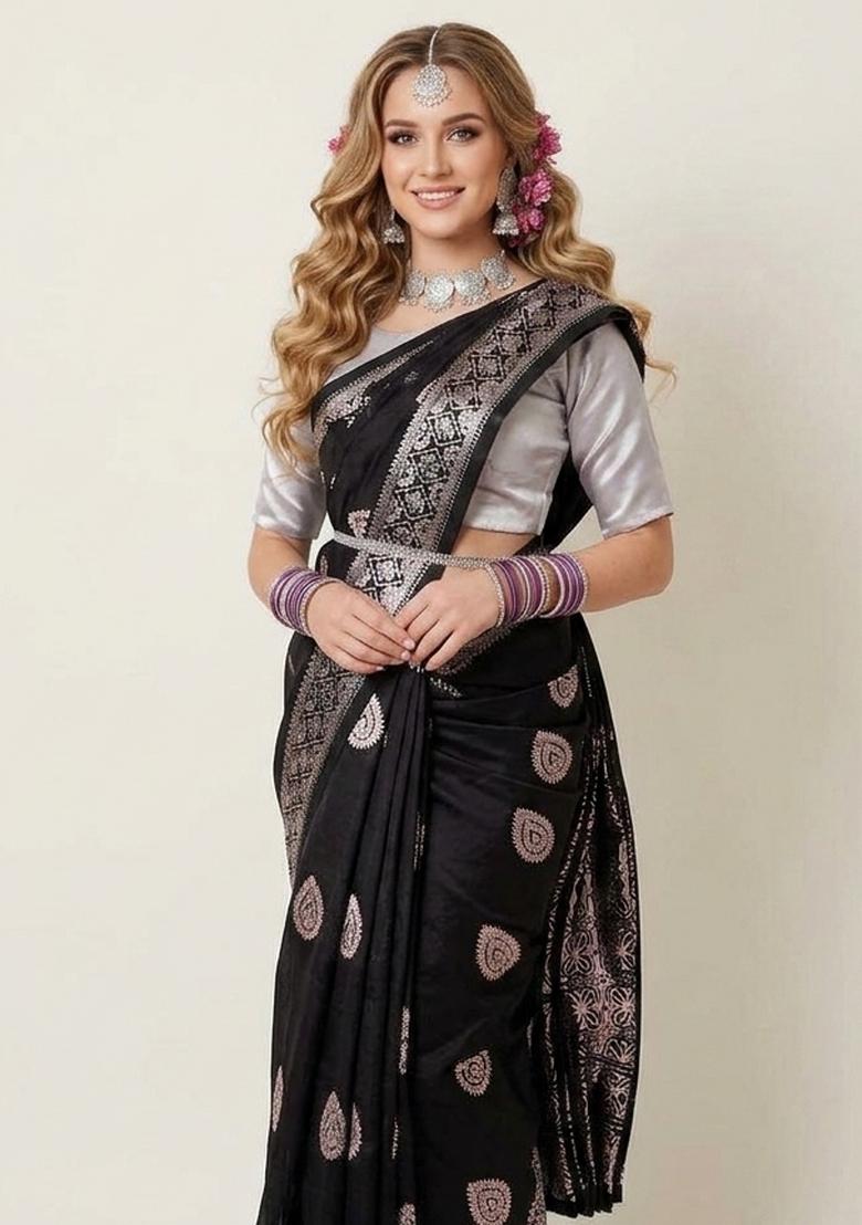Black Zari Weaving Silk Saree Set - Indya