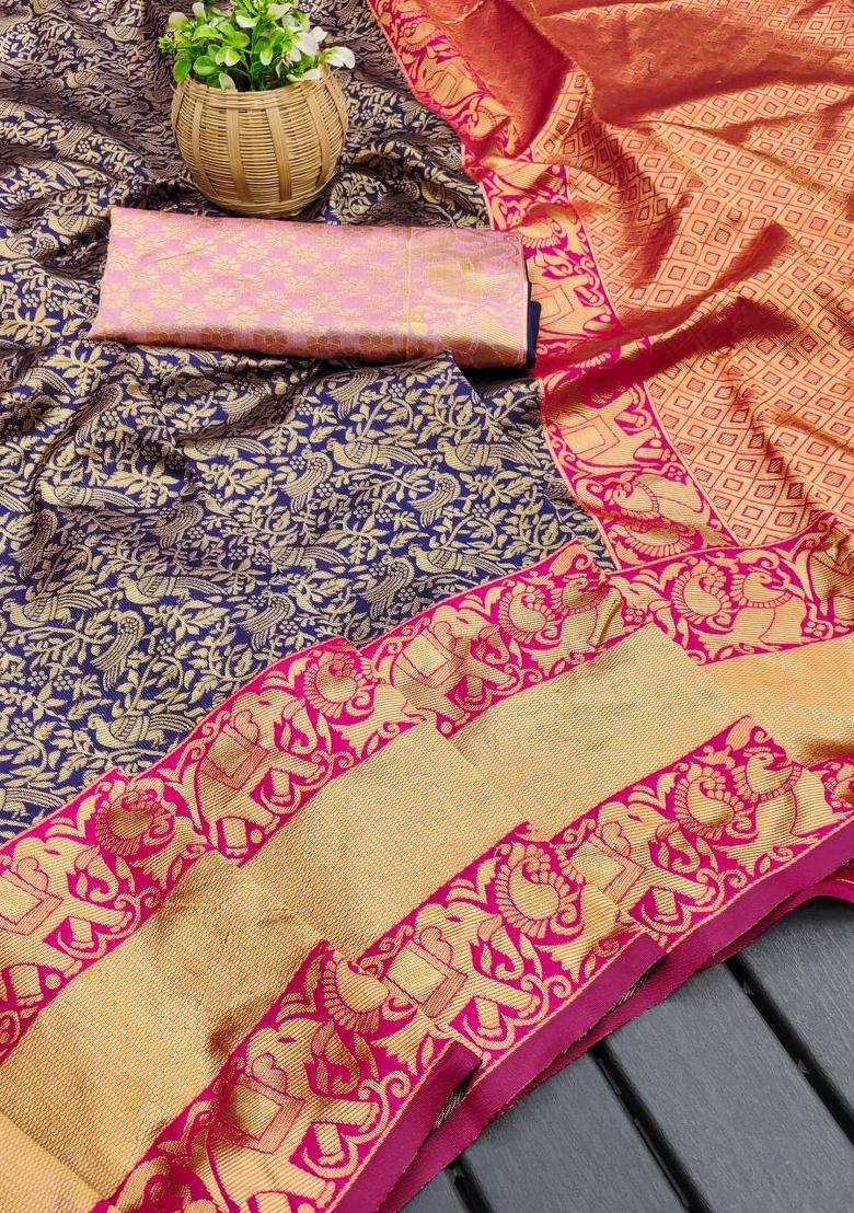 Purple Zari Weaving Silk Saree Set - Indya