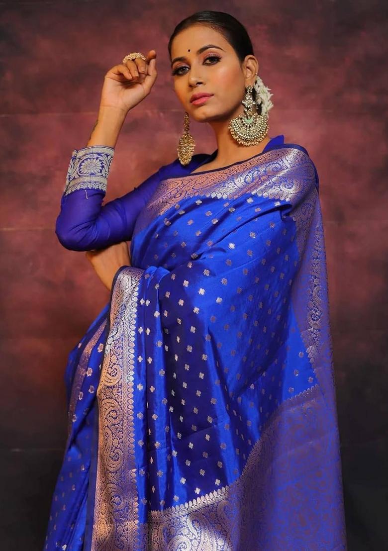 Blue Zari Weaving Silk Saree Set - Indya