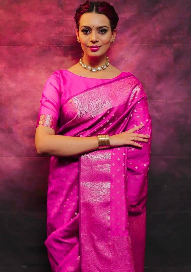Pink Zari Weaving Silk Saree Set - Indya