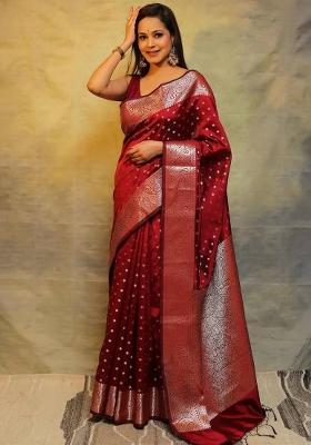 Maroon Zari Weaving Silk Saree Set