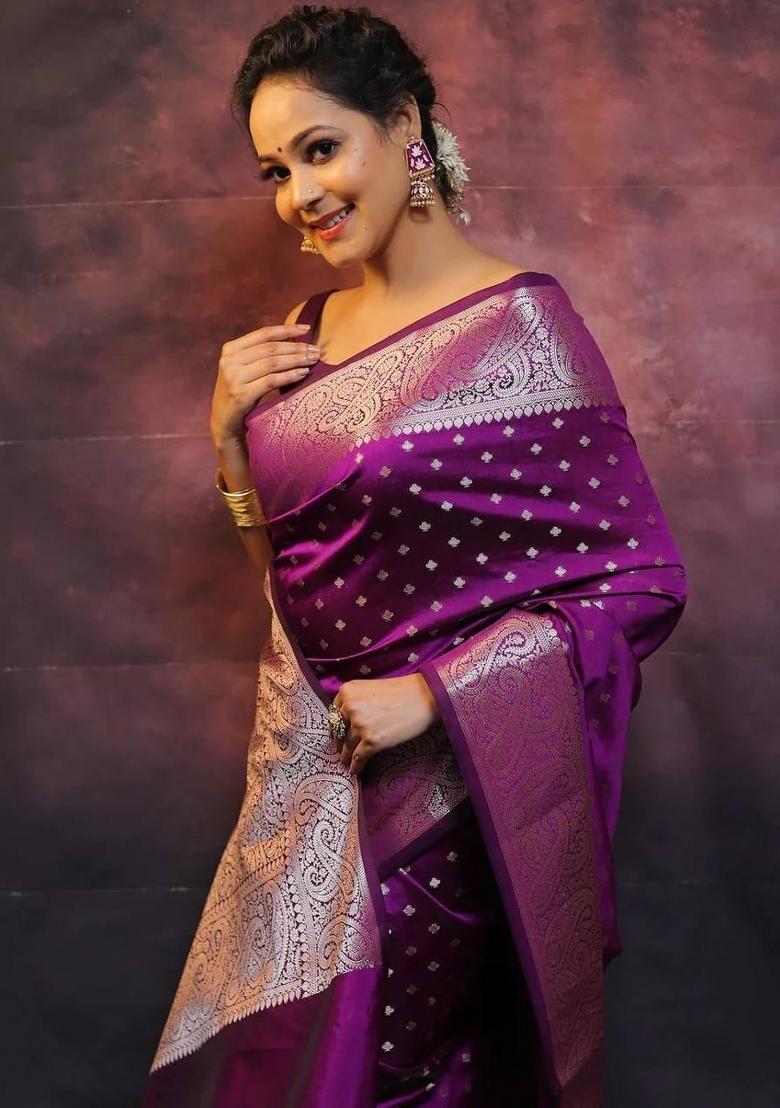 Purple Zari Weaving Silk Saree Set - Indya