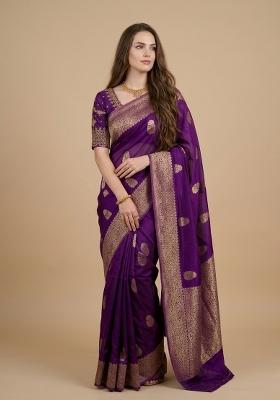 Purple Zari Weaving Silk Saree Set