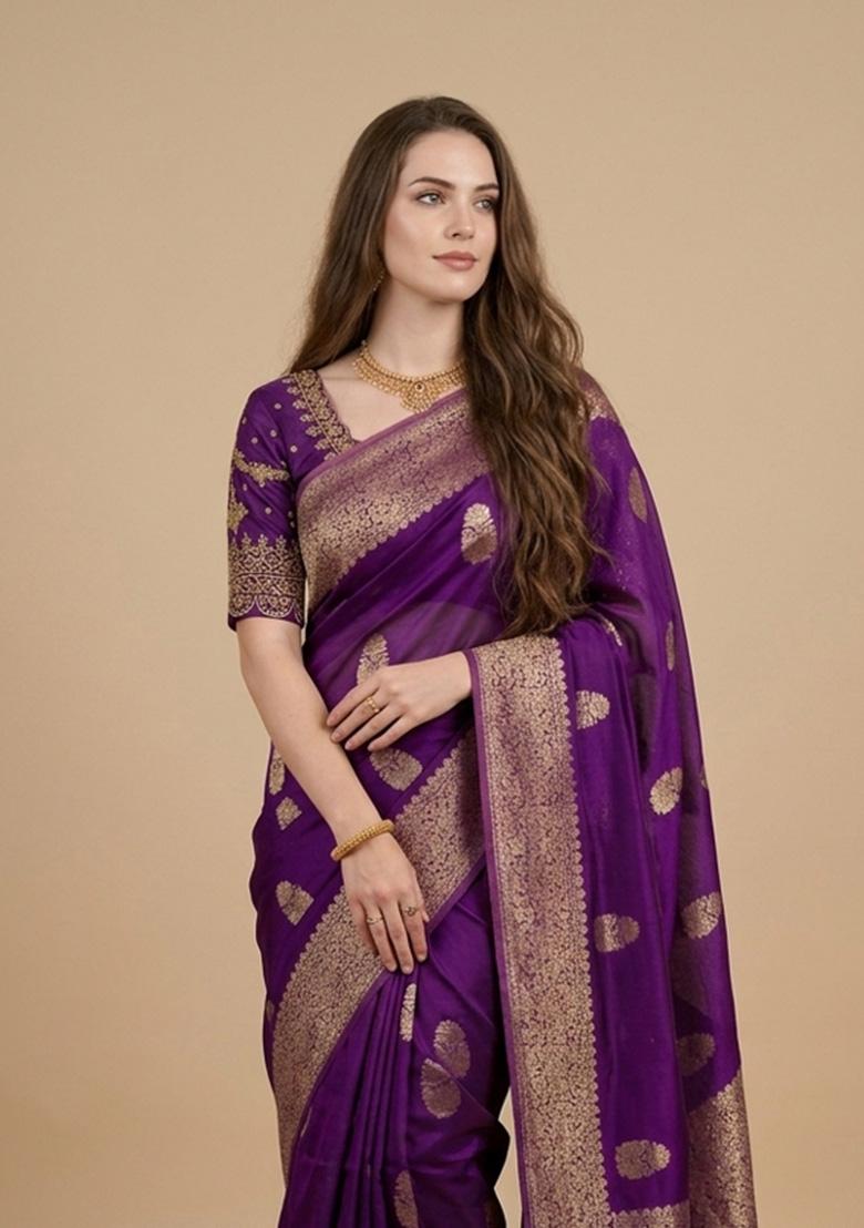 Purple Zari Weaving Silk Saree Set - Indya