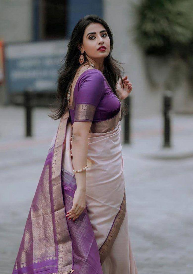 Cream Zari Weaving Silk Saree Set - Indya