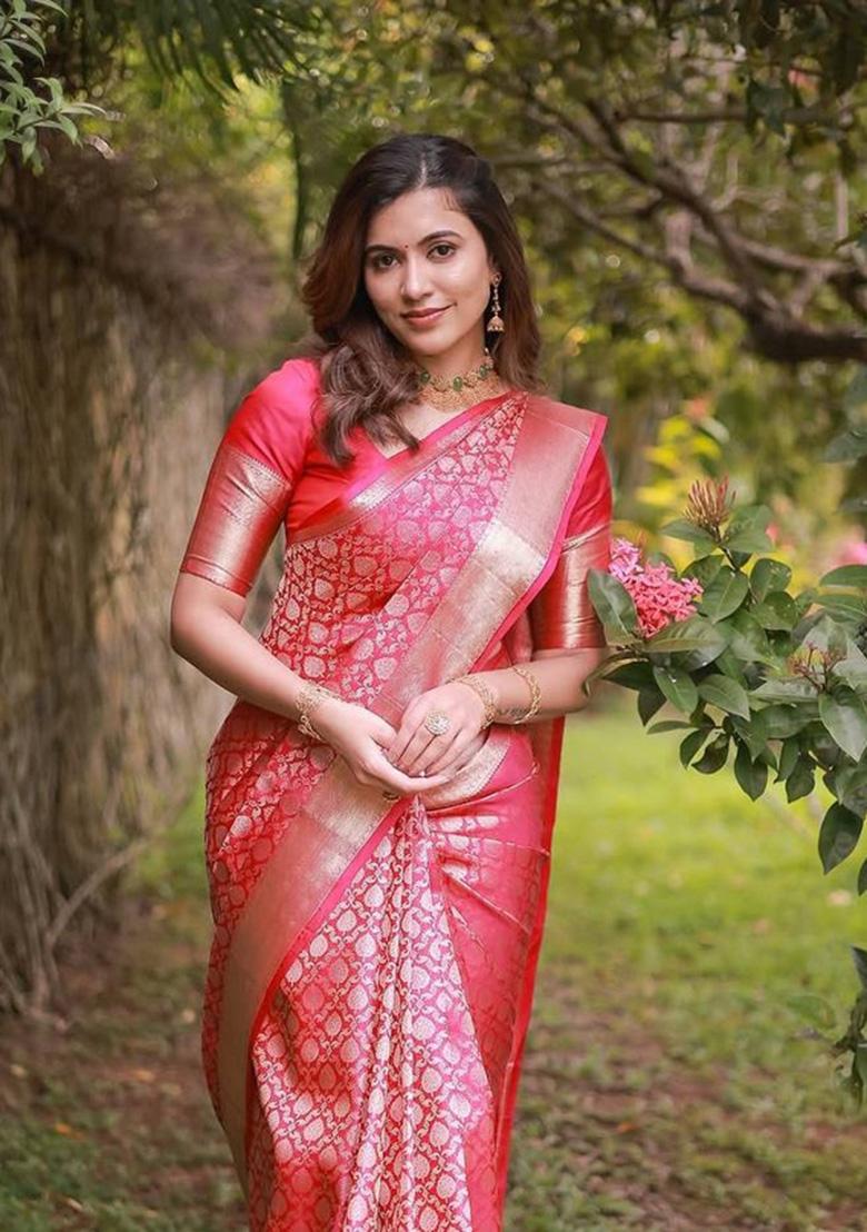 Pink Zari Weaving Silk Saree Set - Indya