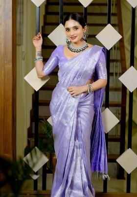 Lavender Zari Weaving Silk Saree Set