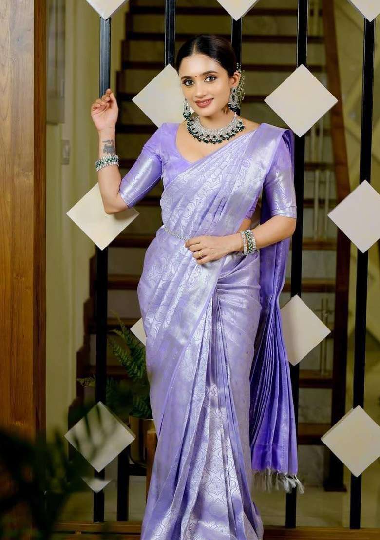 Lavender Zari Weaving Silk Saree Set for Diwali and Festive Wear - Indya