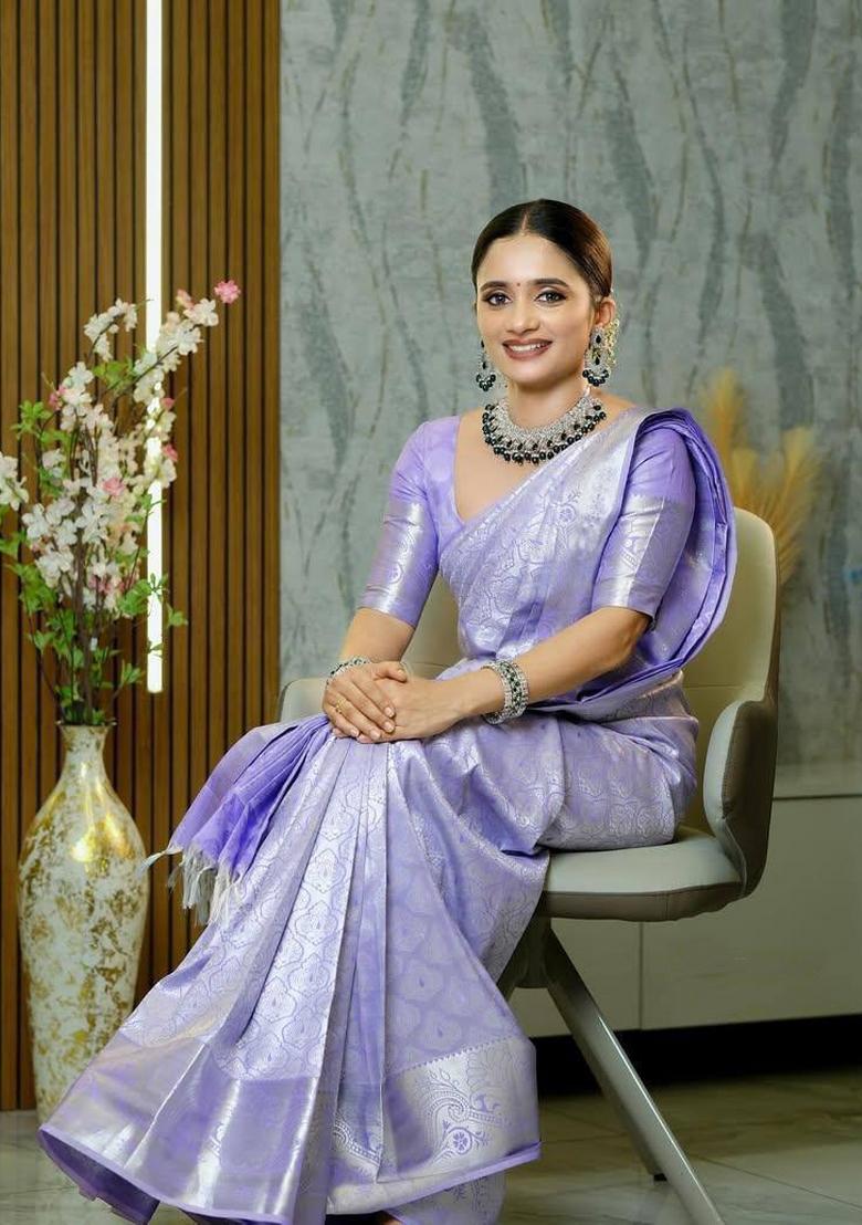 Lavender Zari Weaving Silk Saree Set - Indya