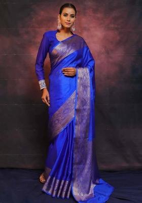 Blue Zari Weaving Silk Saree Set
