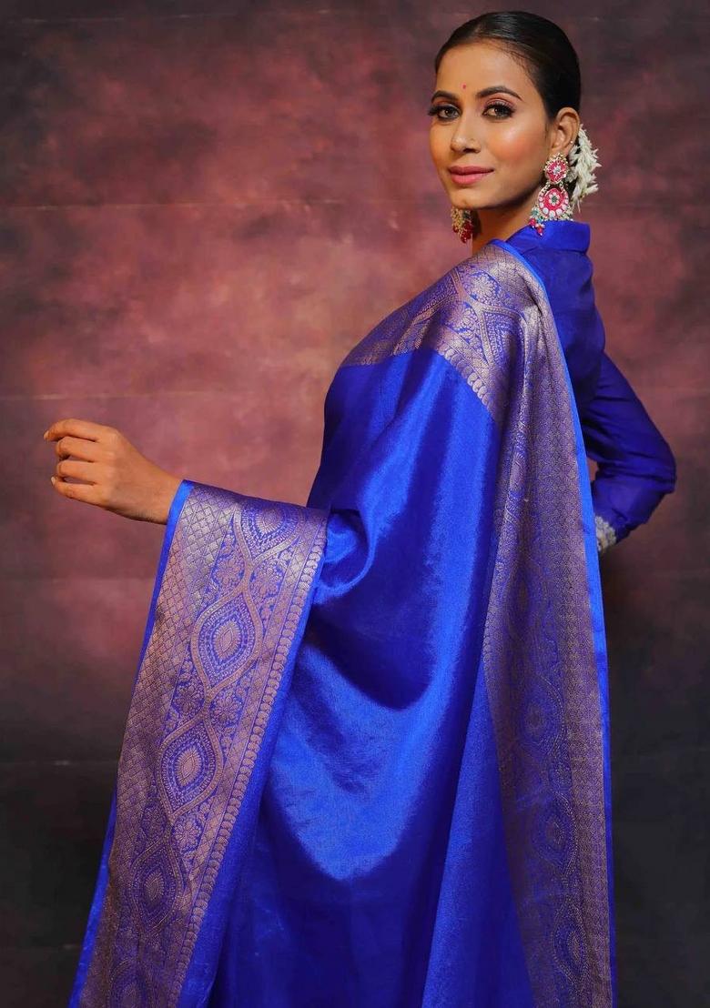 Blue Zari Weaving Silk Saree Set - Indya