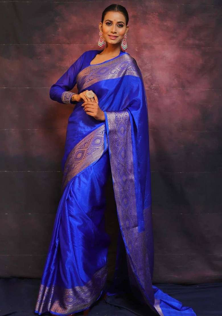 Blue Zari Weaving Silk Saree Set for Diwali | Wedding & Festive Wear - Indya