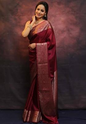 Maroon Zari Weaving Silk Saree Set