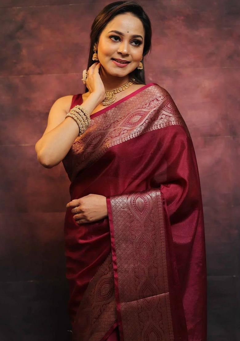 Maroon Zari Weaving Silk Saree Set - Indya