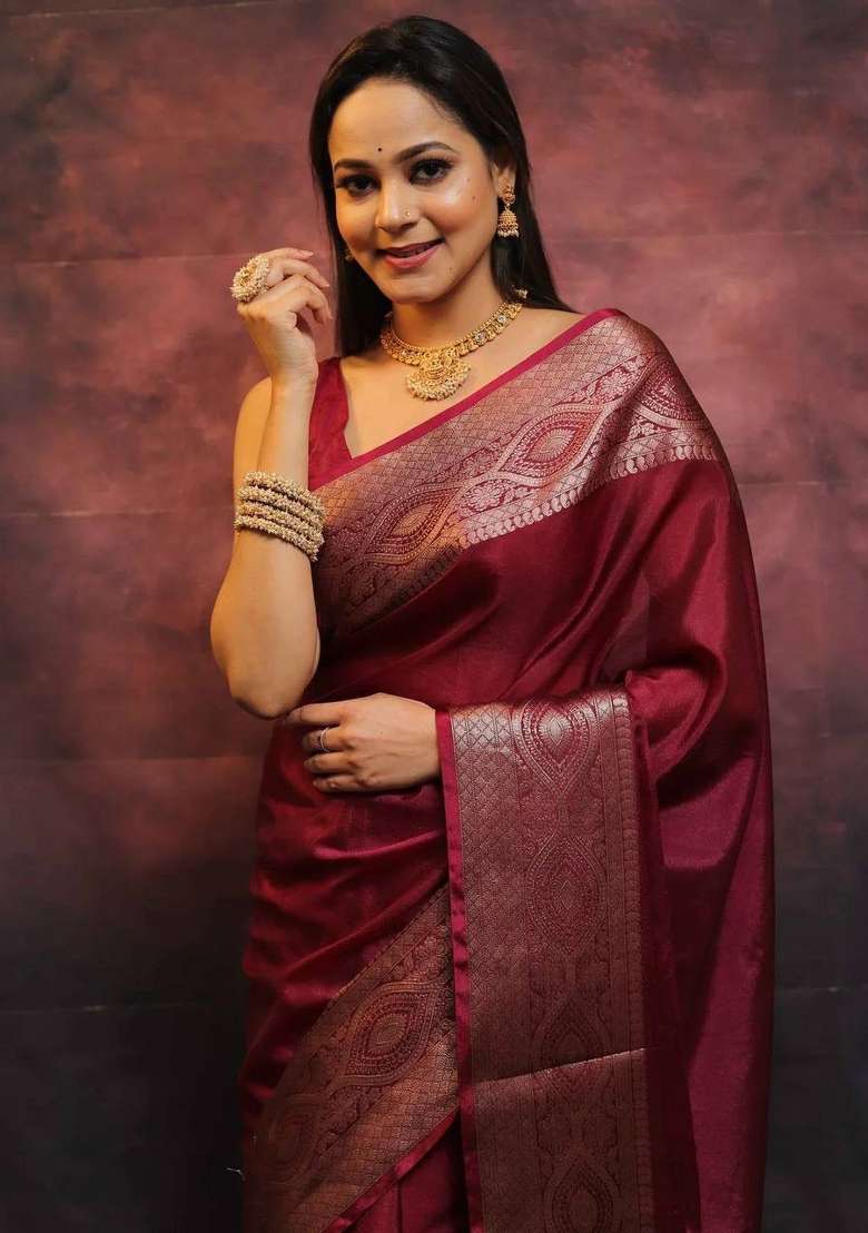 Maroon Zari Weaving Silk Saree Set for Diwali and Festive Wear - Indya
