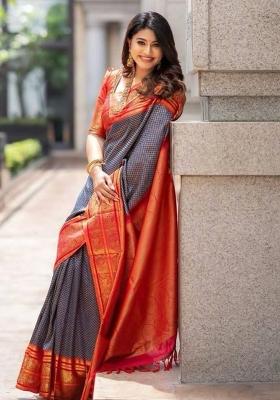 Grey Zari Weaving Silk Saree Set