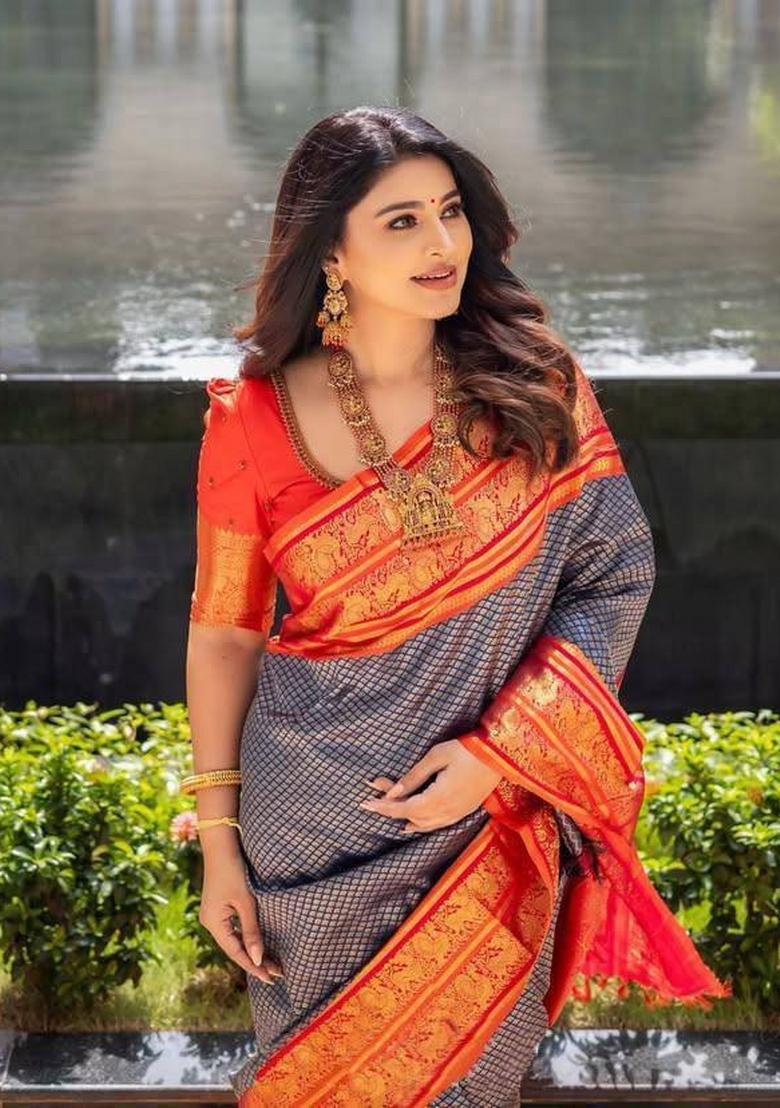 Grey Zari Weaving Silk Saree Set - Indya