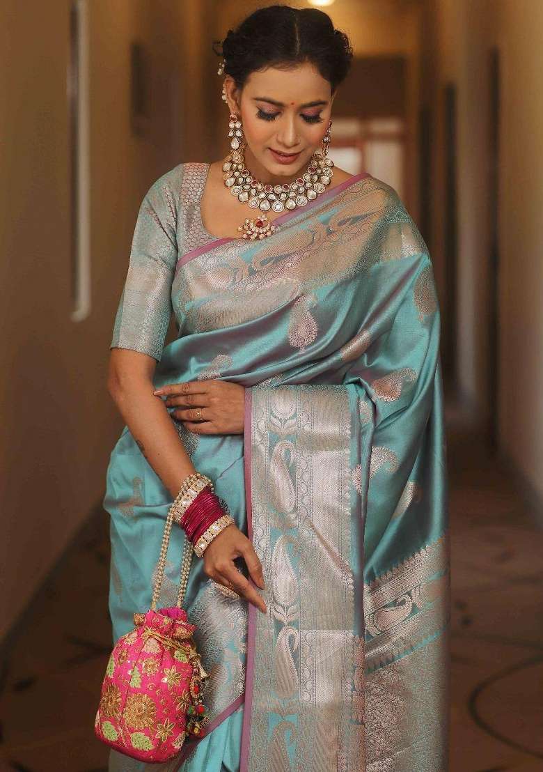 Light Blue Zari Weaving Silk Saree Set for Diwali and Festive Wear - Indya