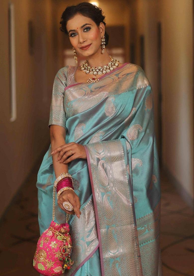 Light Blue Zari Weaving Silk Saree Set - Indya