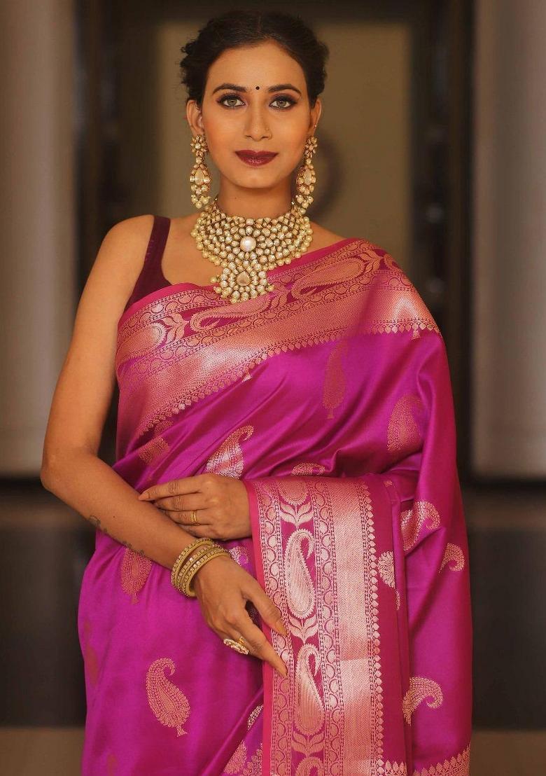 Pink Zari Weaving Silk Saree Set - Indya