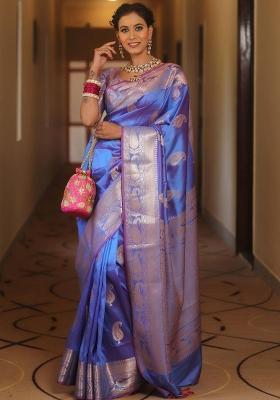 Blue Zari Weaving Silk Saree Set