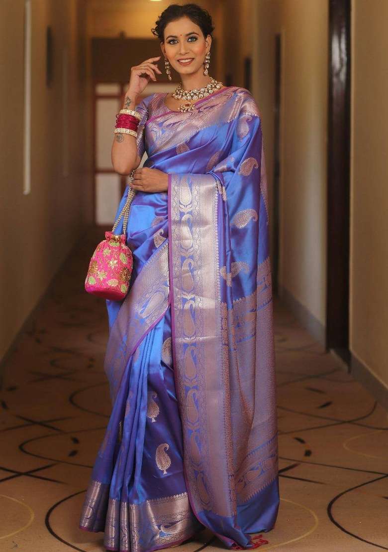 Blue Zari Weaving Silk Saree Set for Diwali | Wedding & Festive Wear - Indya