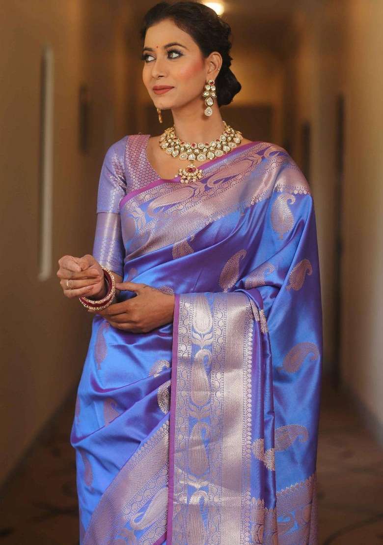 Blue Zari Weaving Silk Saree Set for Diwali | Wedding & Festive Wear - Indya