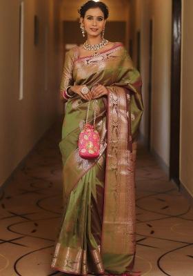 Olive Zari Weaving Silk Saree Set