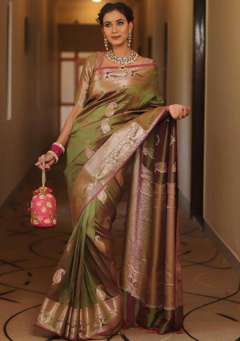 Olive Zari Weaving Silk Saree Set - Indya