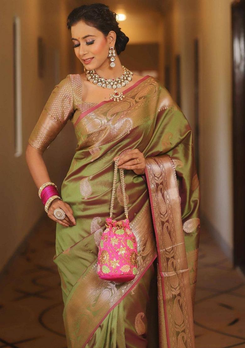 Olive Zari Weaving Silk Saree Set - Indya