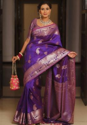 Purple Zari Weaving Silk Saree Set