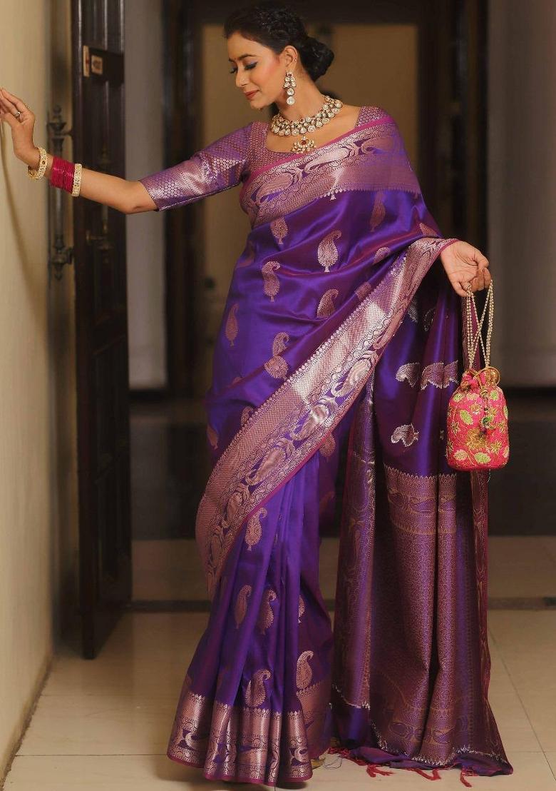 Purple Zari Weaving Silk Saree Set - Indya