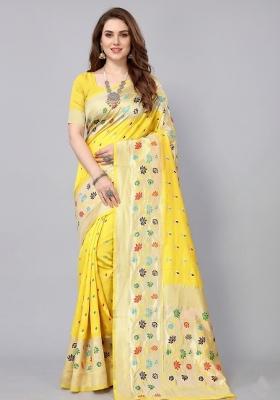 Yellow Zari Weaving Silk Saree Set