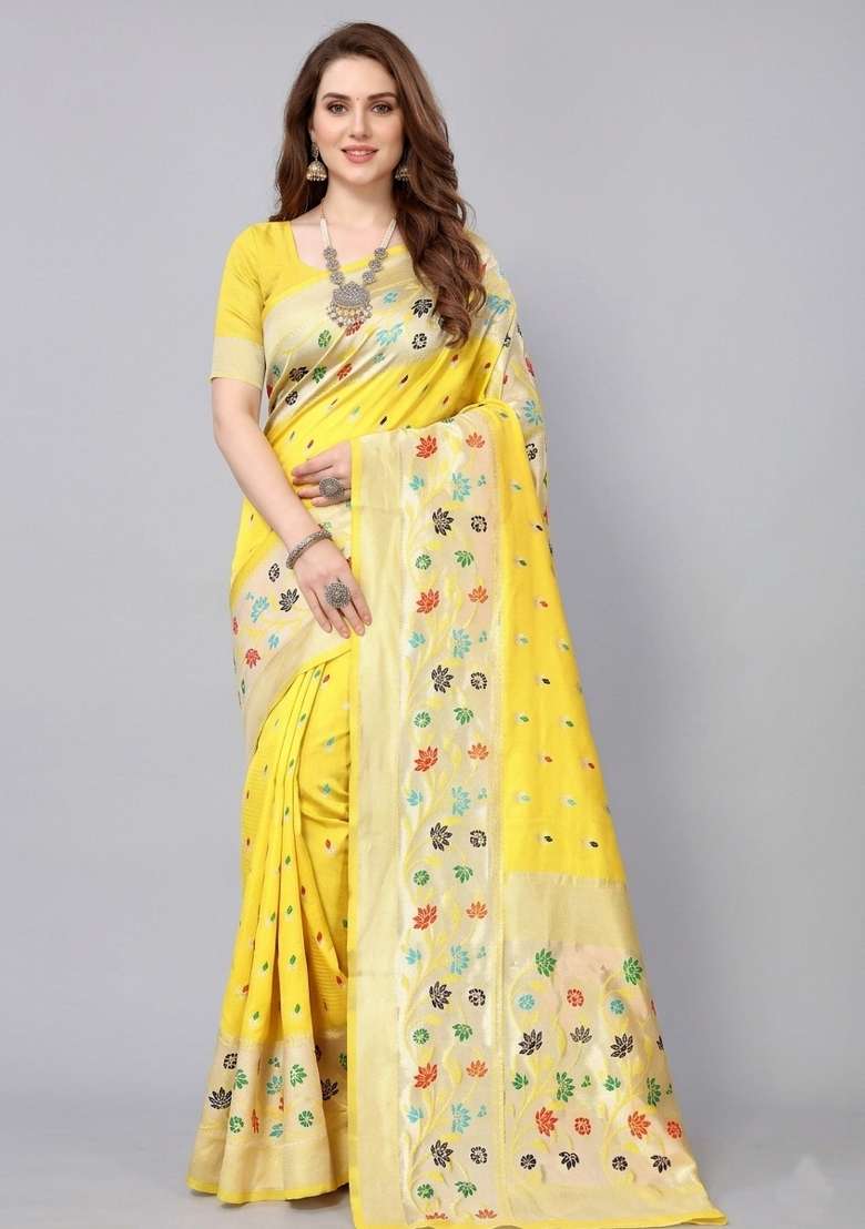 Yellow Zari Weaving Silk Saree Set for Diwali | Wedding & Festive Wear - Indya